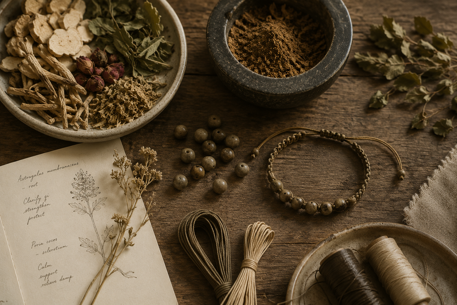 Chinese herbal botanicals, botanical beads, handwoven bracelet materials